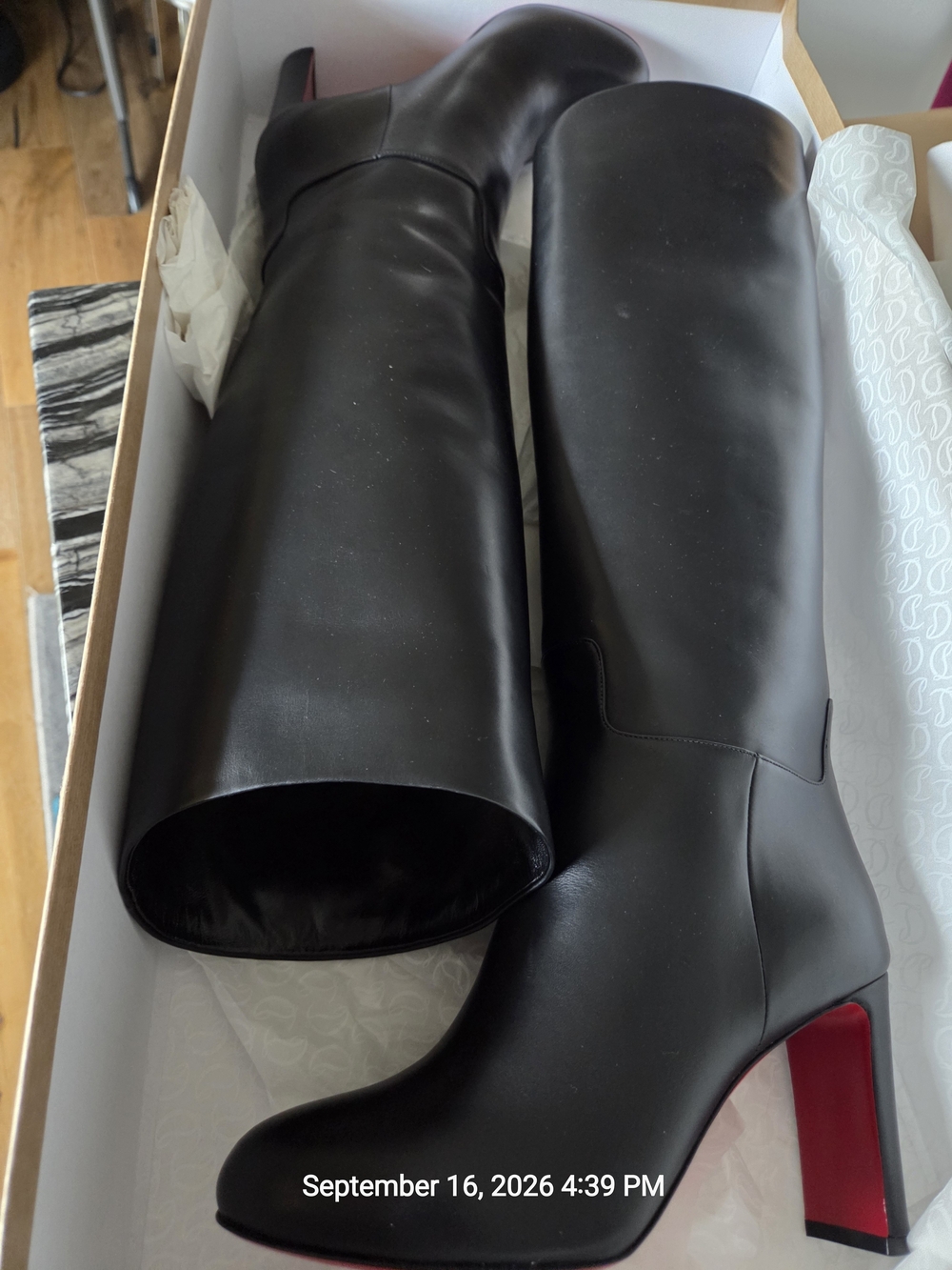 Over-the-Knee Black Leather Boots with Red Block Heel